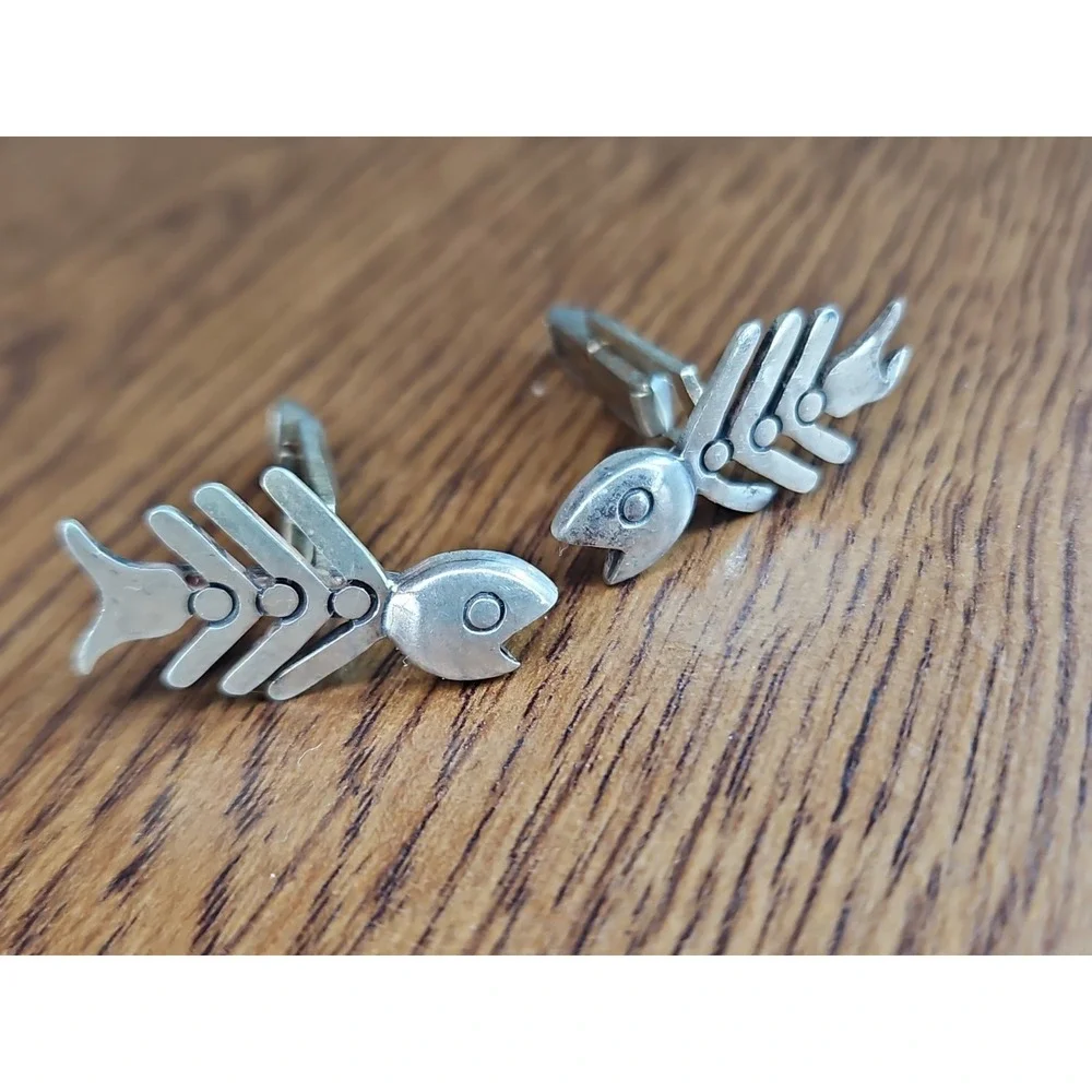 Vintage Sterling Silver FISH BONE Cufflinks Fishbone Skeleton Rockabilly Goth